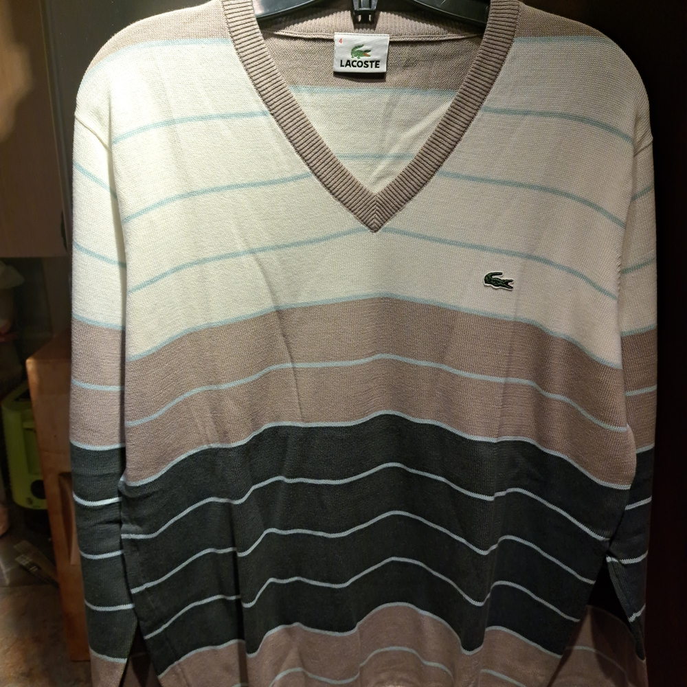 Lacoste Men's Striped V-Neck Sweater - Gray and Cream